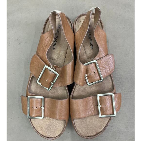 Kelsi Dagger Brooklyn Stacked Wedge Platform Sandals Sz 8 Leather Slip On Buckle - Picture 5 of 10